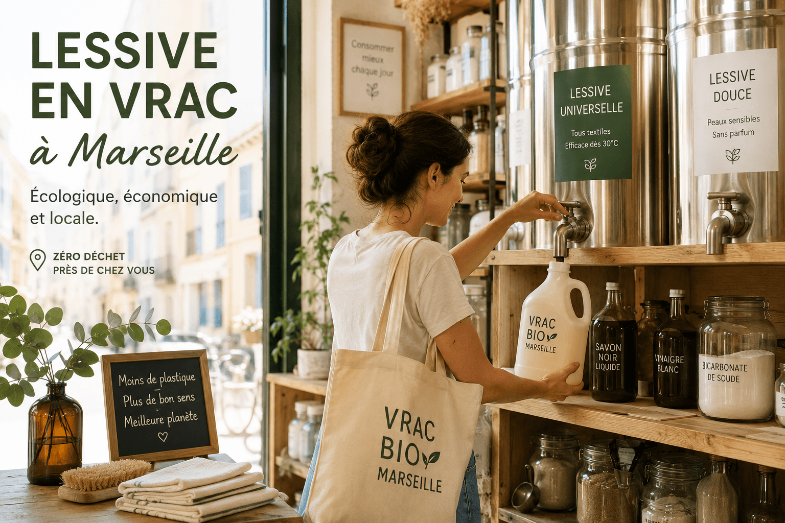 ersonne remplissant un bidon de lessive en vrac dans une épicerie zéro déchet à Marseille.