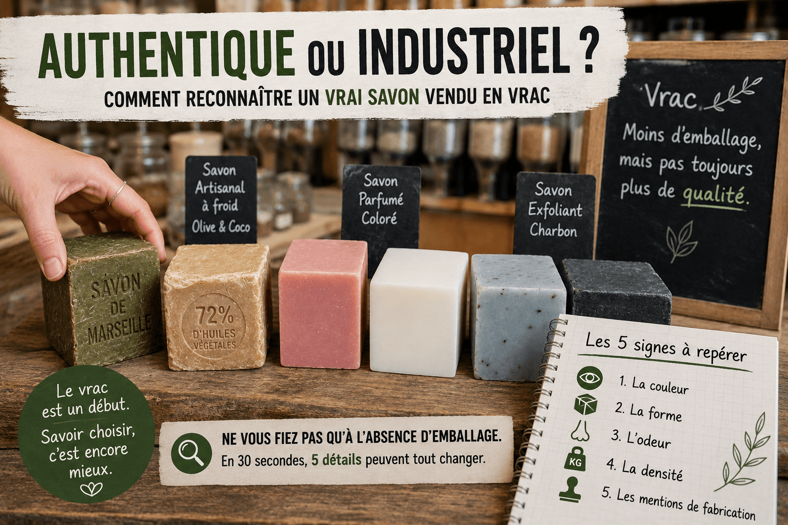 Savons solides vendus en vrac dans une épicerie de Marseille, comparant les indices visuels d’un savon artisanal et d’un savon industriel.