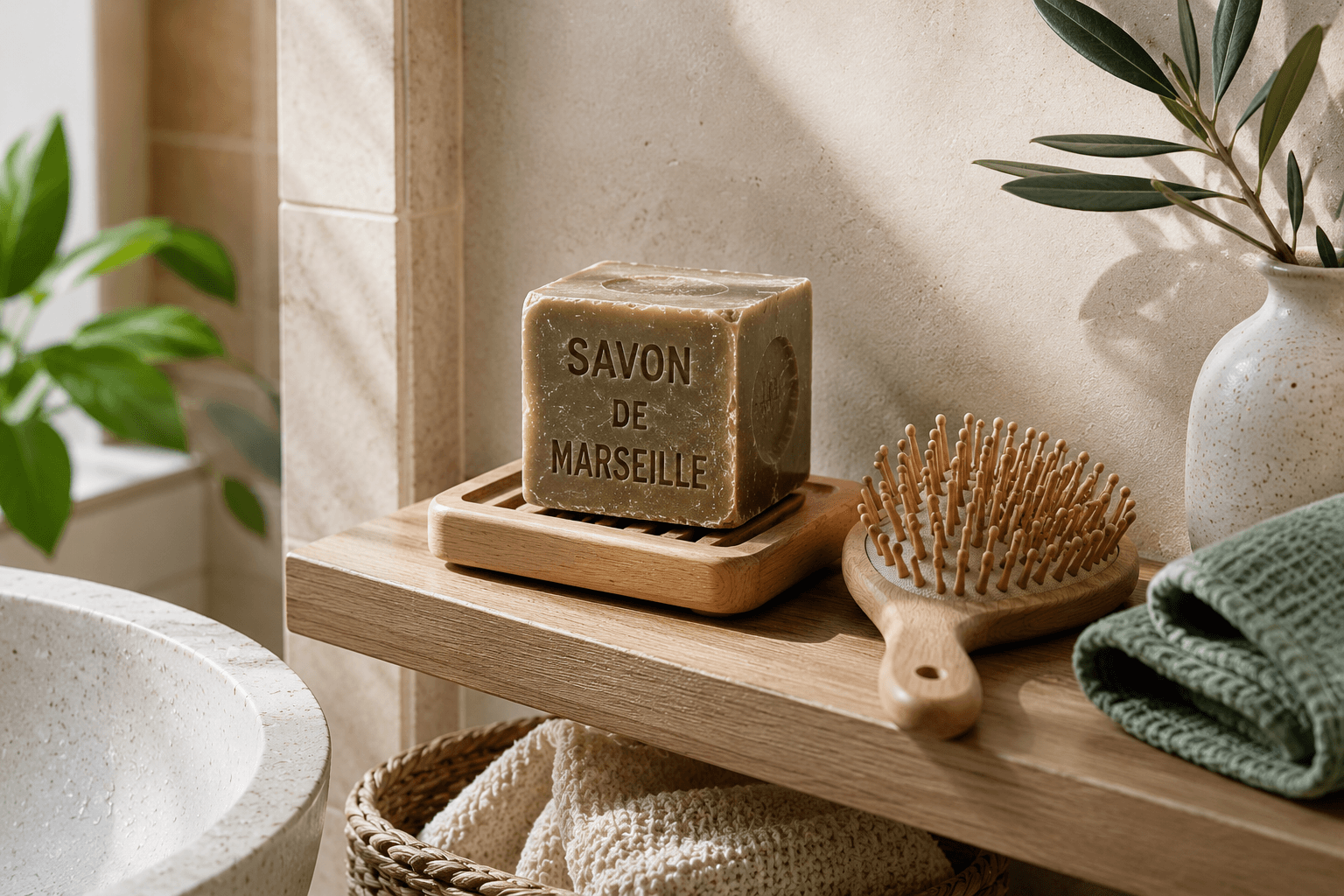 Savon de Marseille pour les cheveux dans une salle de bain zéro déchet, avec porte-savon en bois et accessoires de soin, alternative au shampoing en bouteille.