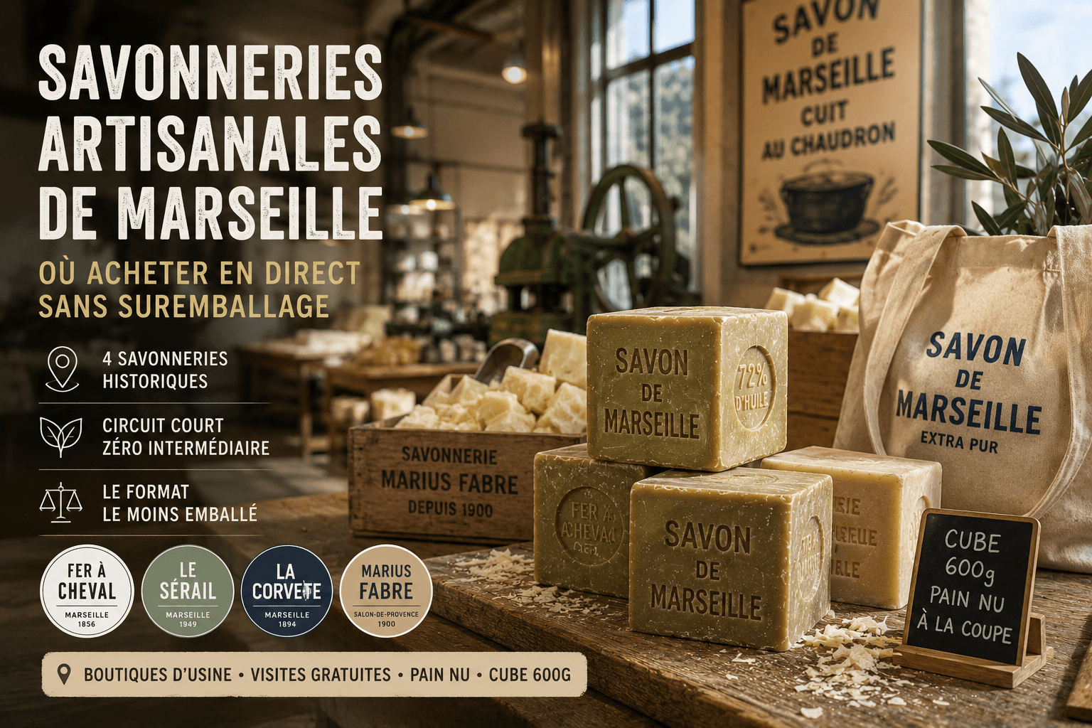 Savons de Marseille artisanaux proposés en vente directe dans une boutique de savonnerie marseillaise, avec formats peu emballés et présentation authentique.